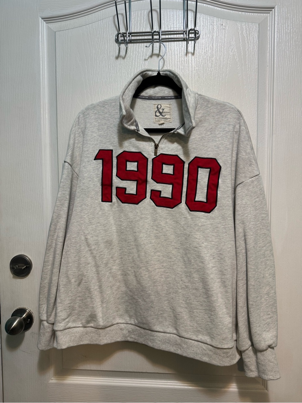 AMPERSAND AVE Light Gray Quarter-Zip Sweatshirt with Red 1990 Appliqué